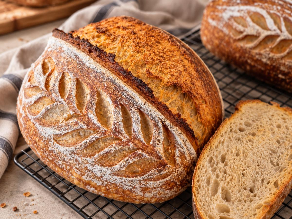 A scored sourdough loaf beside a slice showing the open crumb, from December Bakehouse.