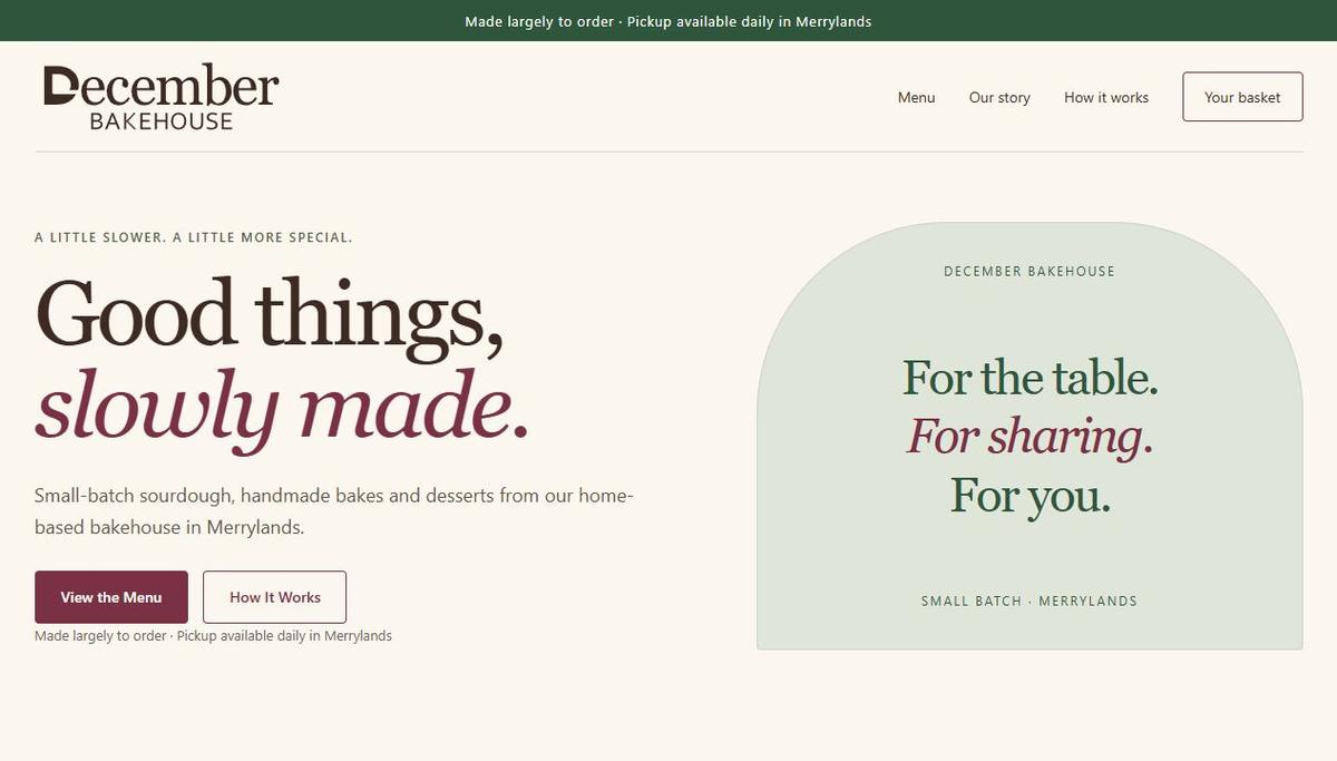 December Bakehouse website development: the public-facing homepage introduction and navigation, with no customer or administrative information.