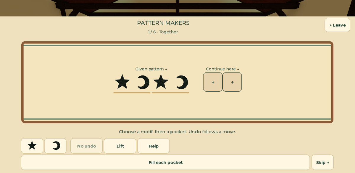 Native Pattern Makers gameplay: a star-and-moon pattern on fabric, with motif choices and continuation pockets.