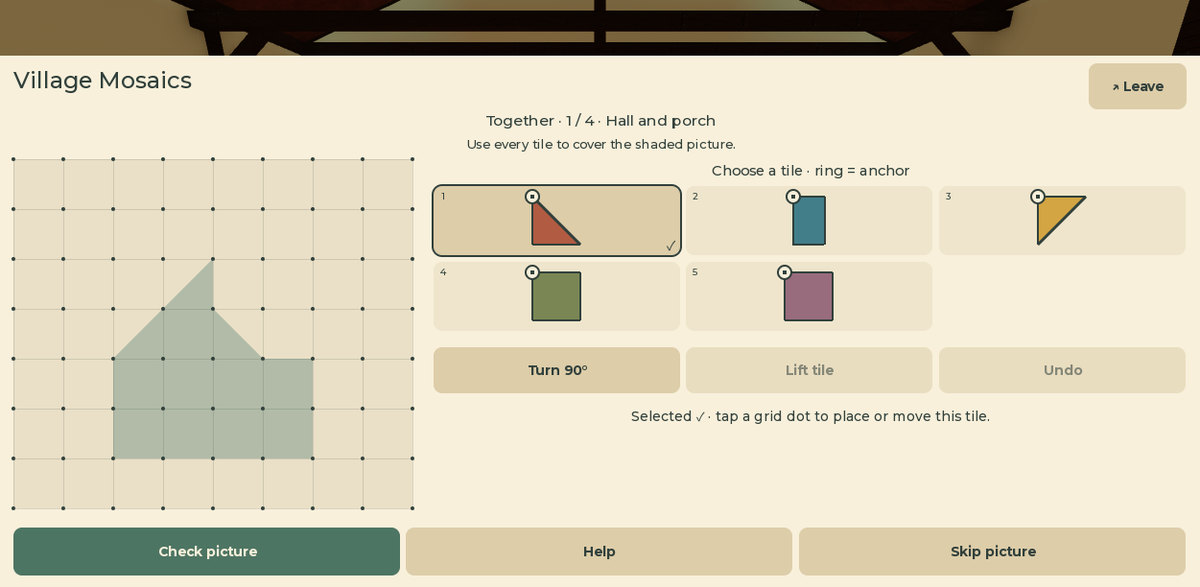 Native Village Mosaics gameplay: a shaded cottage outline, coloured shape tiles and controls for turning and placing a selected tile.